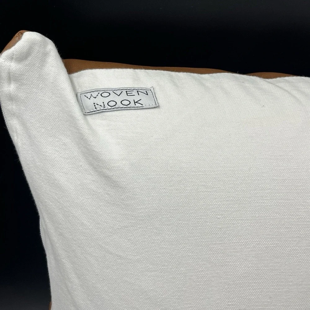WOVEN NOOK Zulu Down Pillow  & Cover Brown White Square‎ Cotton Faux Leather